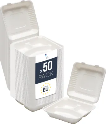 Produktbild von Menüschale aus Zuckerrohr x50 – Nachhaltig, Robust, Biologisch Abbaubar - ideal für heiße Speisen