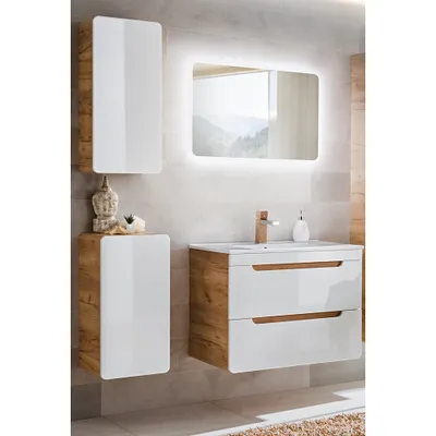 Produktbild von Badmöbel Set 4-teilig Hochglanz weiß inkl. 81 cm Keramikwaschtisch LUTON-56, B/H/T ca. 131/200/46 cm