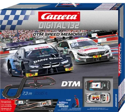 The image shows the packaging of a Carrera Digital 132 DTM Speed Memories slot car racing set, featuring two racing cars on a track.