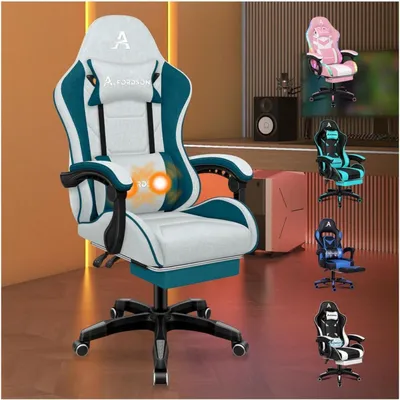 Productafbeelding van Ergonomische gamingstoel met voetsteun en massagekussen voor de onderrug, donkerblauwgroen, linnenstof