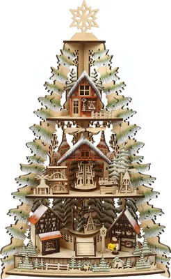 Produktbild von 3D Eck-Lichterspitze Holzschnitt als Tannenbaum aus Holz mit Drehelementen zum Stellen mit Licht 33*18*53cm batteriebetrieben mit On-Off Schalter, Timer Funktion (6h On/18h Off)