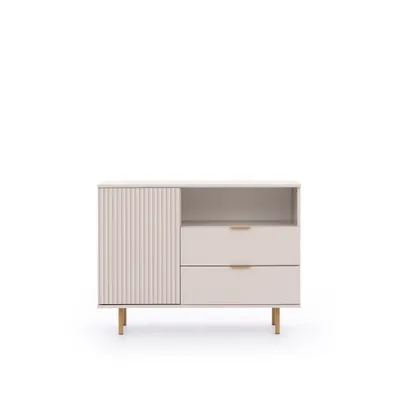 A beige kommode with gold legs on a white background.