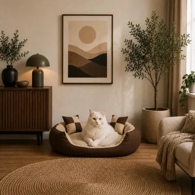 Produktbild von belviona Katzenkörbchen 4-in-1, wendbares Katzenbett mit niedrigem Einstieg, kratzfest & wasserabweisend, 85x70 cm, braun/beige, KI-generiertes Bild