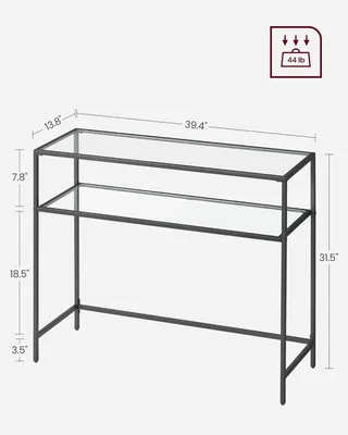 Image de VASAGLE table console, table d'appoint avec 2 étagères, 100 x 35 x 80 cm, verre trempé, étagère, structure métallique, pieds réglables,