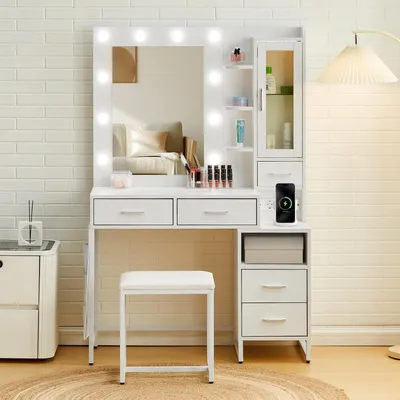 Productafbeelding van Make-up tafel met verlichting en spiegel, 100 cm, wit, met 5 lades, inclusief bijpassende krukjes