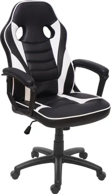 A black and white gaming chair is shown against a white background.