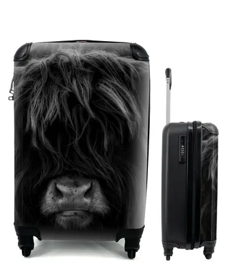 Produktbild von MuchoWow® Koffer Handgepäck Trolley Rollkoffer Kleine Reisekoffer mit 4 Rollen - Schottischer Highlander - Kuh - Porträt - Tiere - Schwarz - Weiß - Cabin Size < 55x40x23 cm & 55x40x20 cm - Fotokoffer - Kabinenkoffer - Boardgepäck - Reise-Box - Reisekoffer - Reisegepäck - Koffer mit Bild - Trolley für Kinder
