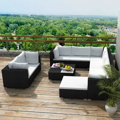 Produktbild von 10-tlg. Garten-Lounge-Set mit Auflagen Poly Rattan Schwarz