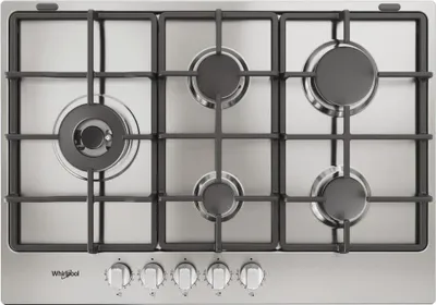 A top-down view of a stainless steel gas stovetop with five burners and control knobs.