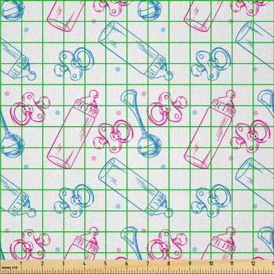 Produktbild von ABAKUHAUS Baby Microfaser Stoff als Meterware , Milchflaschen Schnuller Rasseln Muster Hand gezeichnet Baby Spielzeug unter dem Motto verzierten Bild, 10 M (230 x 1000 cm), Weiß Blau Rosa