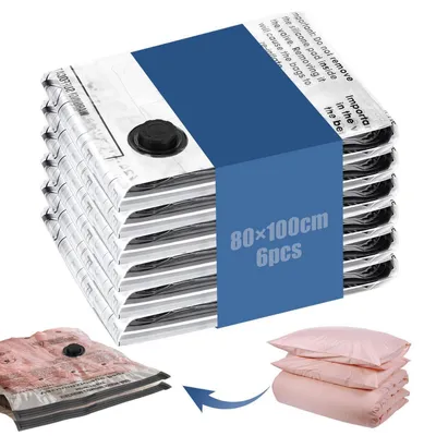 Image de Sacs de rangement sous vide pour couettes, dimensions 80x100 cm, lot de 6, couleur noire/transparente, réutilisables, gain de place, protection contre l'humidité