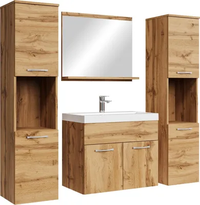 Immagine prodotto di Set completo di mobili da bagno Badplaats Montreal XL 60 x 35 cm in rovere - mobili da bagno con lavabo, specchio e 2 mobiletti da bagno