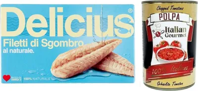 Produktbild von 10x Delicius Filetti di Sgombro al Naturale,Natürliche Makrelenfilets,reich an Omega 3,Hochwertiger Blauer Fisch,125g + Italian Gourmet Polpa di Pomodoro 400g Dose