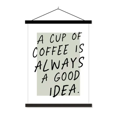 Produktbild von MuchoWow® Textilposter Zitate - Eine Tasse Kaffee ist immer eine gute Idee - Kaffee - Sprichwörter 90x120 cm mit schwarzem Rahmen - Dekoration
