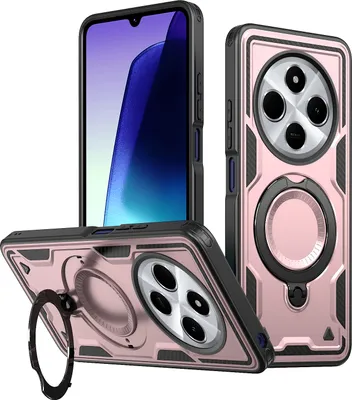 Produktbild von Dual Layer Hülle für Xiaomi Redmi 14C Metall Ring Ständer Magnetisch Stoßfest Militär Handyhülle Roségold