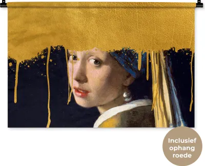 Produktbild von MuchoWow® Wandteppich Wandbehang Mädchen mit einem Perlenohrring - Gold - Vermeer 90x60 cm Tapisserie Dekoration Wandtuch - Wandskulpturen - Bildteppich