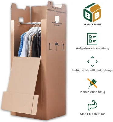 A cardboard wardrobe box with clothes hanging inside, shown with various marketing icons and text on the right side.