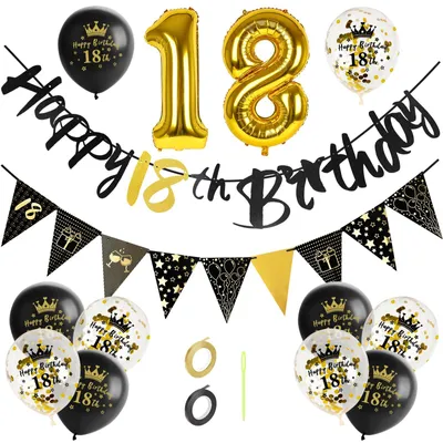 18. Geburtstag Ballon-Set, schwarz-gold, 16-teilig, mit Girlande