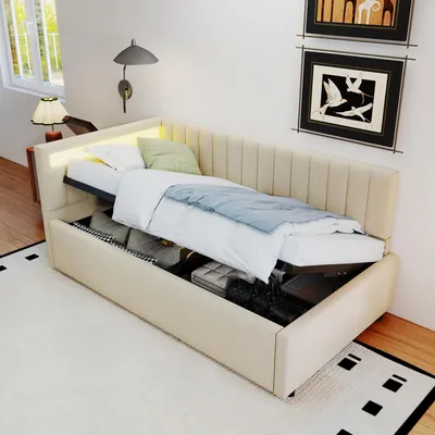 Produktbild von okwish Schlafsofa 90x200cm Kinderbett Polsterbett mit LED & Stauraum,seitliche Kopfteile mit austauschbaren Positionen,Samtstoff, Ohne Matratze,Beige