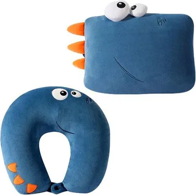 Productafbeelding van Reiskussen voor Kinderen Dinosaurus 2-in-1 Pluche Neksteun voor Auto en Vliegtuig - Donkerblauw U-Kussen voor Slaapcomfort Thuis en Onderweg
