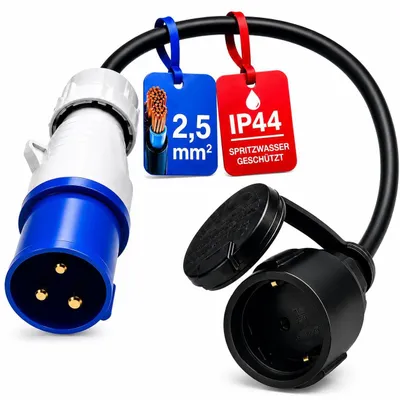 Zdjęcie produktu dla Adapter kablowy z wtykiem do gniazda uziemnionego, klasa ochrony IP44, odporny na zachlapanie