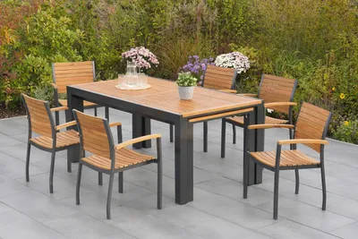 Produktbild von Merxx Gartenmöbel Set Santorin 7tlg., 6 Stapelsessel, Flex Ausziehtisch 180 (180) x 100 (83) x 80 (74) cm- AluminiumAkazie