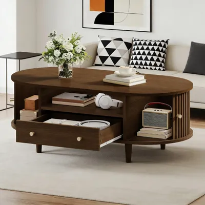 Produktbild von Couchtisch 100x50x36 cm Walnuss, Sofatisch mit Schublade, Rolltür & offenem Stauraum, Wohnzimmer Tisch, Beistelltisch Kaffeetisch für kleine Wohnungen