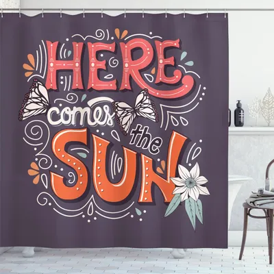 Immagine prodotto di ABAKUHAUS Ecco che arriva il sole Tenda da doccia, design vintage con calligrafia a tema primaverile fiori farfalle, 175 x 220 cm, multicolore
