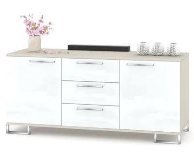 Produktbild von Große Kommode mit Schubladen Fernsehschrank HANA 3S Kaschmir/Weiß Hochglanz 150cm