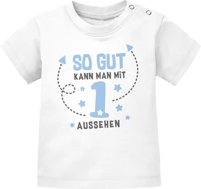 Produktbild von Baby T-Shirt 1. Geburtstag Spruch so gut kann man mit 1 bzw 2 aussehen Geburtstagsshirt kurzarm Baumwolle MoonWorks® 1 weiß/blau 56/62 (1-3 Monate)