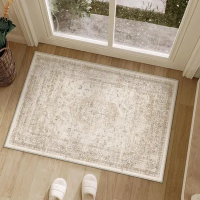 Image de Tapis de sol 60x90 cm, beige, lavable, à poils courts, antidérapant, en microfibre