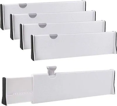 Obrázek produktu pro Sada 4 nastavitelných držáků do kuchyňských zásuvek, 37,8–54 cm, plastové držáky, výška 10 cm, organizér do zásuvek pro kuchyň, skříň, koupelnu, ložnici (bílá)