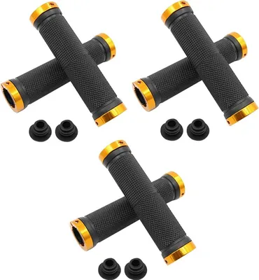 Image de lot de 3 - poignées de guidon de vélo | poignées ergonomiques à visser | poignées de vélo pour guidon | poignées Soft-Grip pour VTT, BMX, vélo de ville, vélo de course | Couleur or - noir