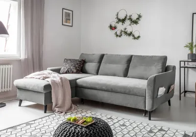Produktbild von MIUFORM Stylish Stan Velours - Ecksofa mit Bettfunktion - 224x148cm - Grau - L-Form Links - Schlafsofa Couch