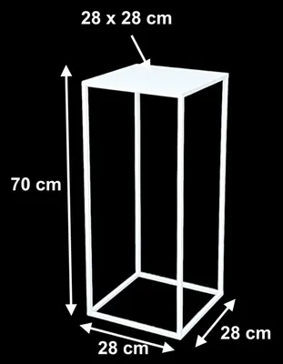 A white metal stand with dimensions indicated by text and arrows.