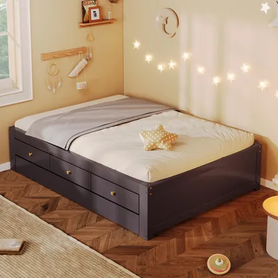 Obrázek produktu pro Postel s úložným prostorem 90x200 cm, se 3 zásuvkami a výsuvnou přistýlkou 90x190 cm, materiál: MDF a borovice, celkové rozměry: 205 x 95 x 47 cm, značka: BRUN CAFE