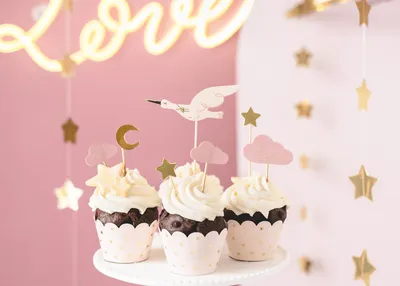 Produktbild von PartyDeco Dekorationen für Muffins Storch 11 12 cm Mix 1 Packung 7 Stück