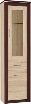 A tall, narrow cabinet with a glass door on top and drawers below.