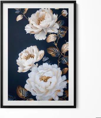 Produktbild von Schöne weiße Blumen im Glamour-Stil– Wandbild mit Rahmen – Gerahmtes Bild  – Wanddekoration – 70x100 cm –  Schwarz Rahmen