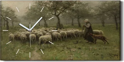 Produktbild von Wohnzimmer-Bild Leinwand Uhr 60x30 Gemälde Dorfbewohner Bäume Schafe Kunst - weiße Hände
