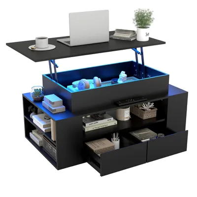 Image de Puluomis Table basse avec tiroir, plateau relevable, rampe d'éclairage RGB avec contrôle par application Table basse Bureau Table basse pour salon noir