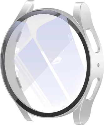 A silver watch case with a black bezel and a clear screen protector.