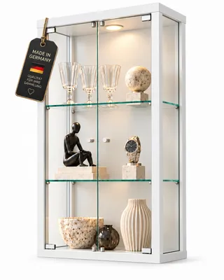 Produktbild von AGIONDA Glasvitrine hängend Weiß mit LED – Sammlervitrine mit 2 Glastüren, 82 cm
