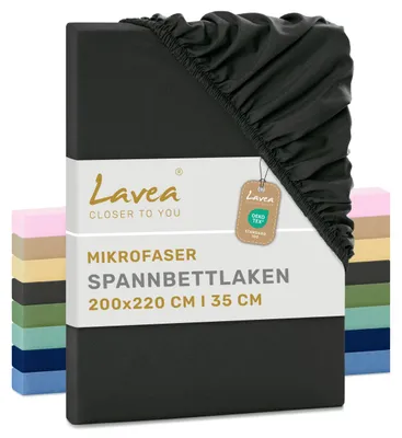 Produktbild von Lavea® Spannbettlaken 200x220 cm aus Mikrofaser, Bettlaken mit Rundumgummi, für Matratzen bis 35 cm, atmungsaktiv und kühlend, pflegeleicht, Spannbetttücher, 1 Stück, Anthrazit