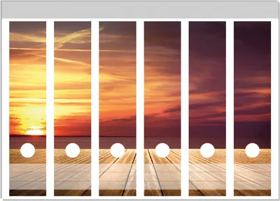 Produktbild von Wallario Ordnerrücken Sticker, selbstklebend für breite Ordner, 6 Stück, Motiv Steg am See - Sonnenuntergang und roter Himmel