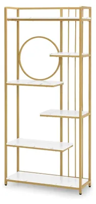 Produktbild von Bücherregal in Gold, Standregal mit 6 Ebenen, Metallrahmen, Regal für Büro, Wohnzimmer, Schlafzimmer, Küche, Nagelstudio, Marmor-Weiß, 30x80x180cm
