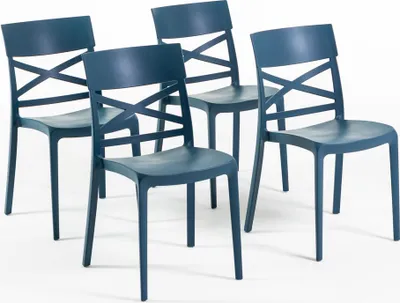 Four blue chairs are arranged in a row against a white background.