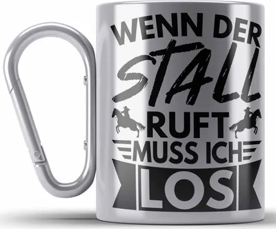 Produktbild von Trendation - Lustige Reiter Sprüche Geschenk Edelstahl Tasse Karabiner Reiterin Pferde Mädchen Geschenkidee Pferde Wenn Der Stall Ruft Muss Ich Los (Silber)