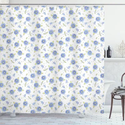 Obrázok produktu pre ABAKUHAUS Kvetinová sprchová záves, Kvitnúce letné ruže v modrých farbách s bodkami, 175 x 180 cm, bledožltá, modrá, fialová