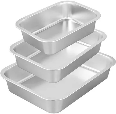 Productafbeelding van Unyqoos® 3-delige set roestvrijstalen ovenschaalvormen, geschikt voor oven en grill, met ergonomische handgrepen, afmetingen: 27x20x7 / 32x22x7 / 36x27x7 cm